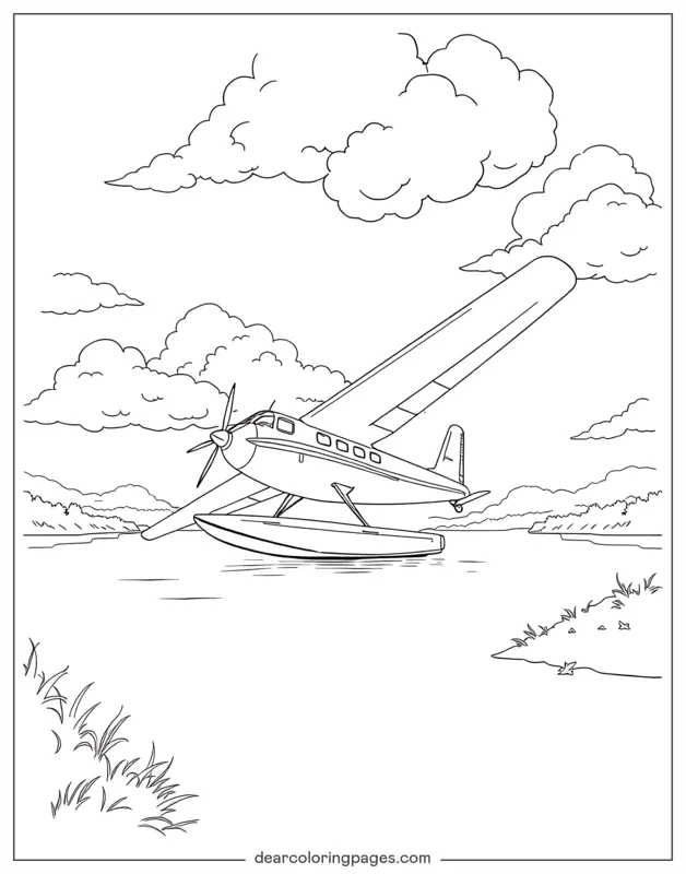 Airplane Coloring Page - Waterplane Gliding Over Lake