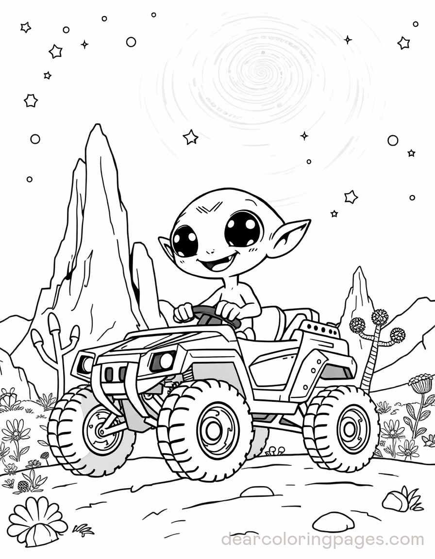 Alien Coloring Page - Alien Driving Rover