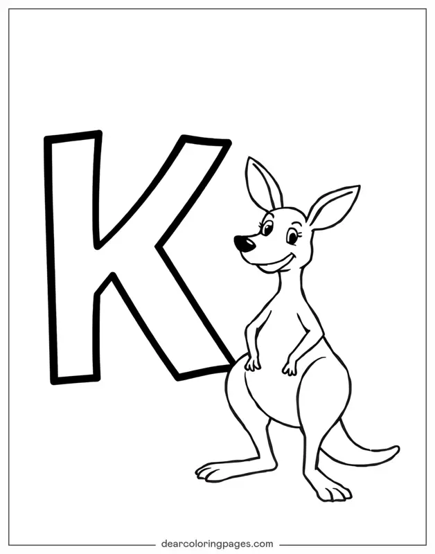 字母表塗色頁面 - 字母K和袋鼠