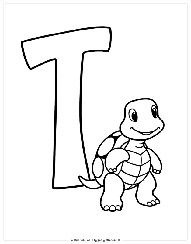 Turtle Coloring Page - Letter T and Turtle
