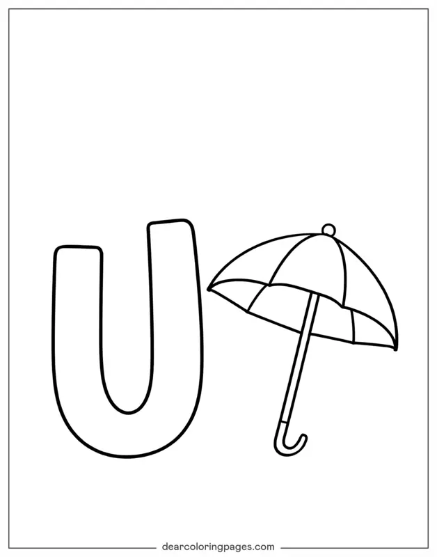 Lettera U Disegno da Colorare - Lettera U e Ombrello