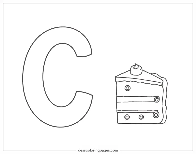 Cake Coloring Page - Letter C and a Slice of Cake
