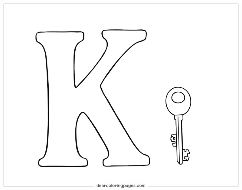 字母表塗色頁面 - 字母 K 和一把 Key