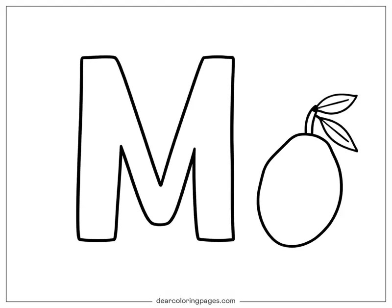 Letter M Coloring Page - Letter M and a Mango