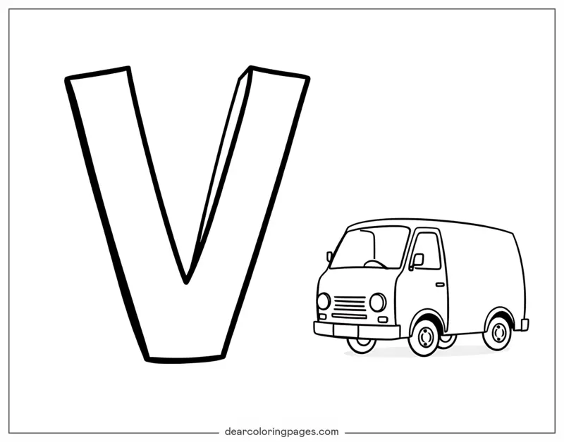 字母表塗色頁面 - 字母V和一輛廂型車