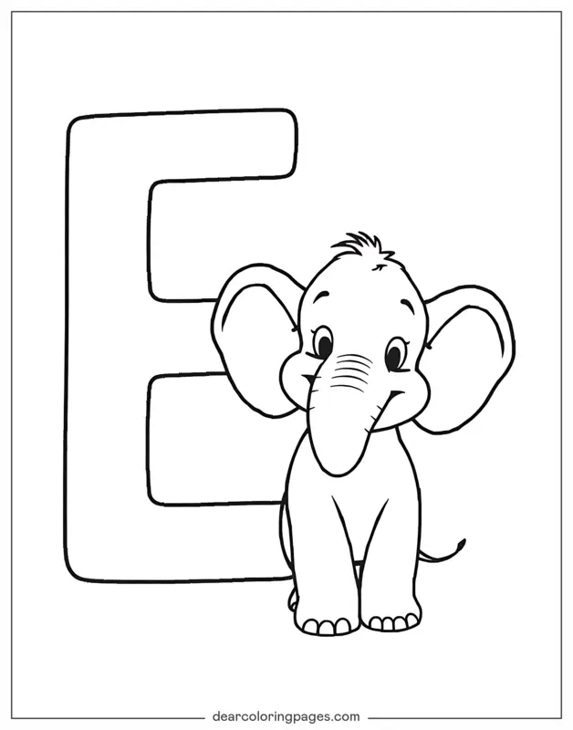 Elefante Disegno da Colorare - Lettera E ed Elefante