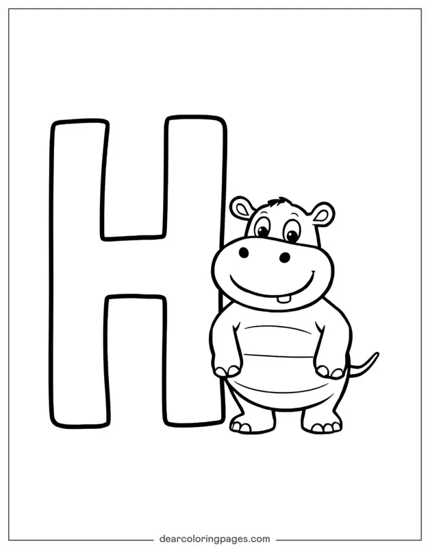 Hippo Coloring Page - Letter H and Hippo