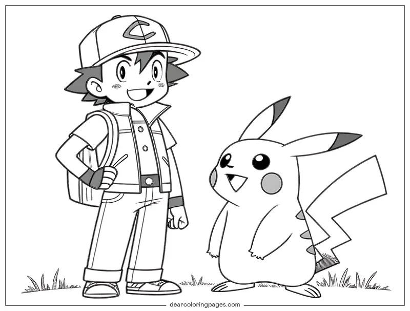 Ash y Pikachu Dibujo para Colorear - Entrenador Pokémon Ash y Pikachu