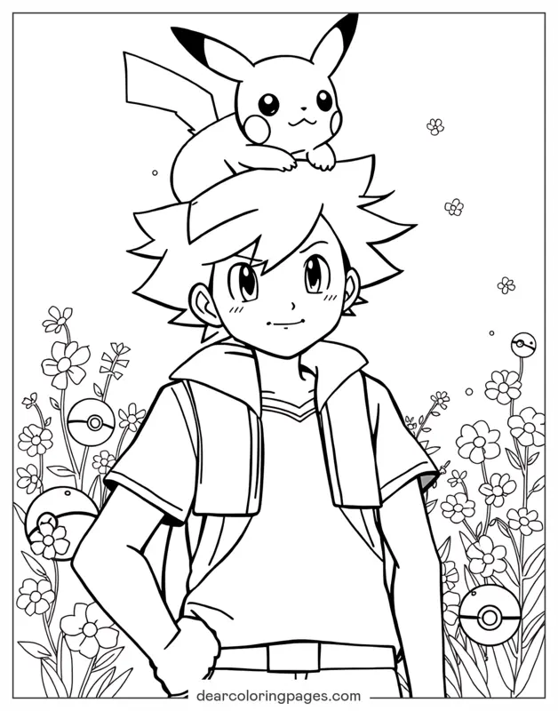 Pikachu Dibujo para Colorear - Pikachu y Entrenador en el Jardín