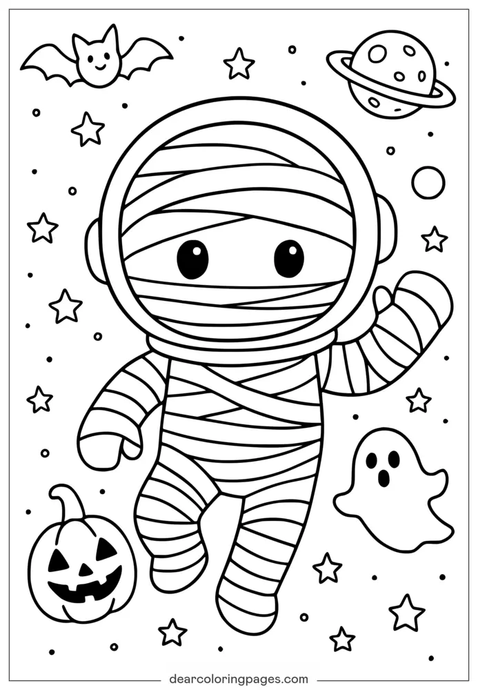 Desenho para Colorir de Múmia Astronauta Fofa de Halloween – Grátis para Imprimir