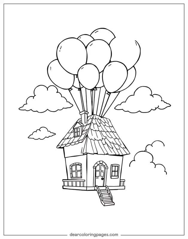 Balloon Coloring Page - House Buoyed by Balloons