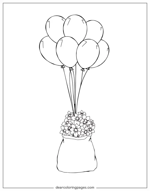 Blume Ausmalbild - Luftballons und eine Tüte Blumen