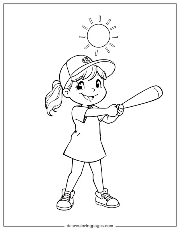 Coloriage de Baseball – Fille balançant une batte de baseball
