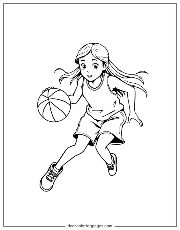 Coloriage de Basket-ball – Fille dribblant un ballon de basket coloriant