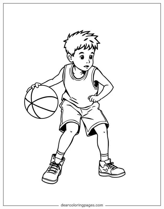 Coloriage de Basket-ball – Garçon dribbler de basketball coloriant