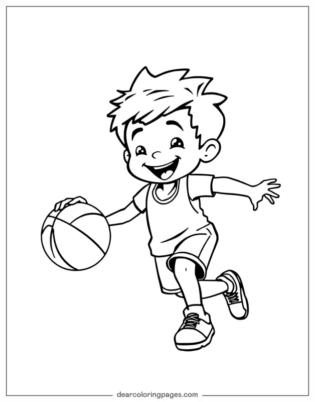 Coloriage de Basket-ball – Enfant dribblant un ballon de basket