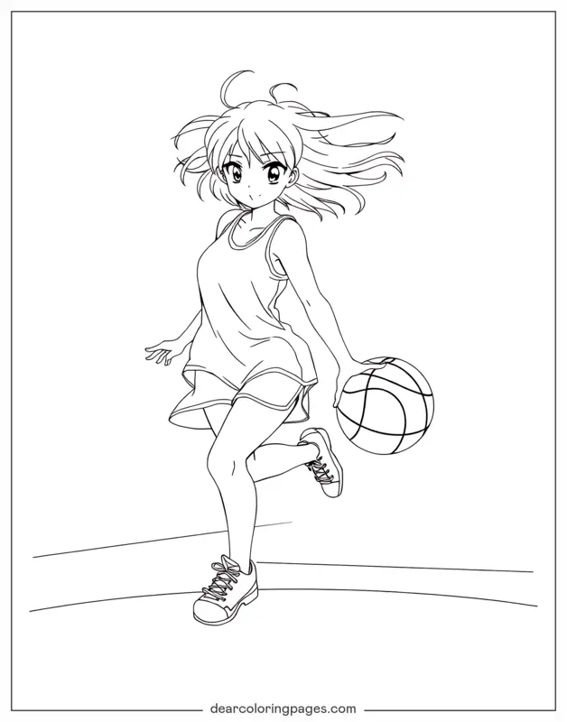 Coloriage de Basket-ball – Fille d'anime dribblant un ballon de basket