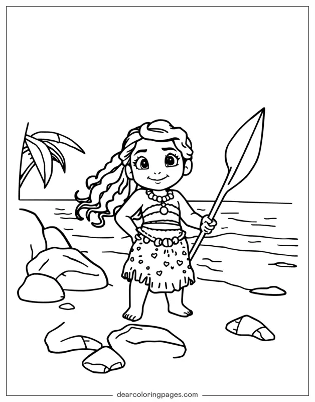 Playa Dibujo para Colorear - Pequeña Moana en la playa