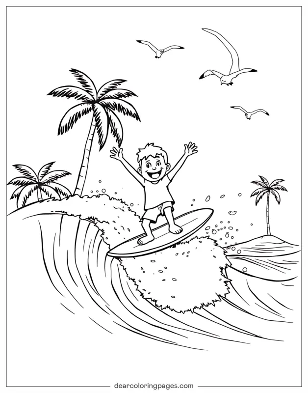 Playa Dibujo para Colorear - Surfear para niños