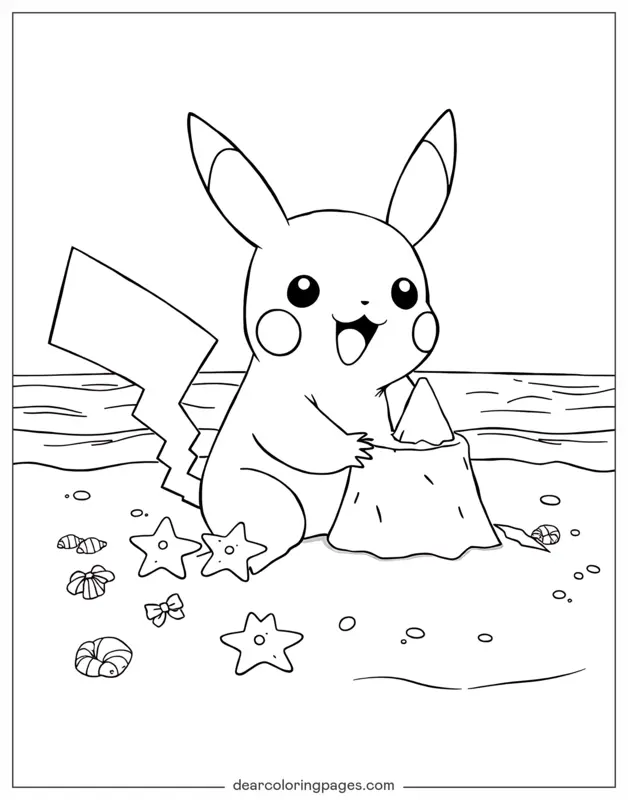 Pikachu Dibujo para Colorear - Pikachu construyendo un castillo de arena