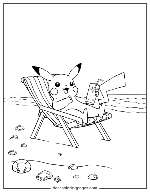 Pikachu Dibujo para Colorear - Pikachu en la playa