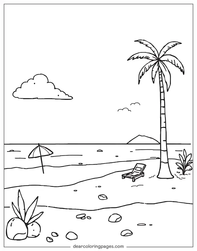 Playa Dibujo para Colorear - Escena de playa de caricaturas