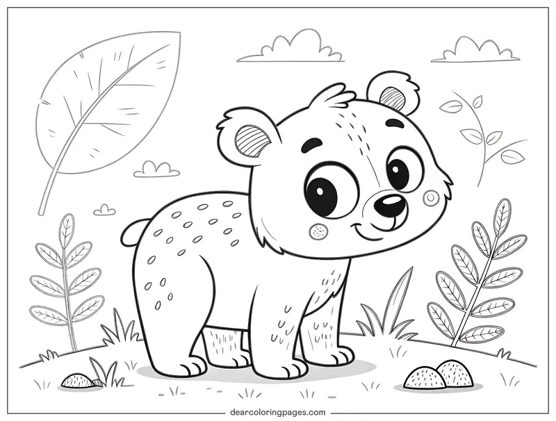 Oso Dibujo para Colorear - Dibujo para Colorear de un Osezno Caricaturesco en la Naturaleza