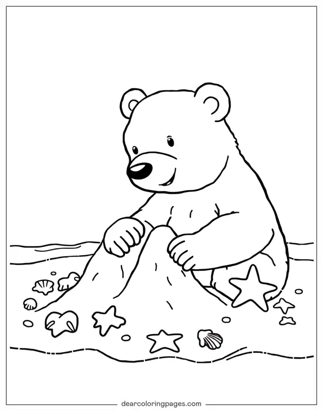 Oso Dibujo para Colorear - Oso construyendo castillo de arena en la playa