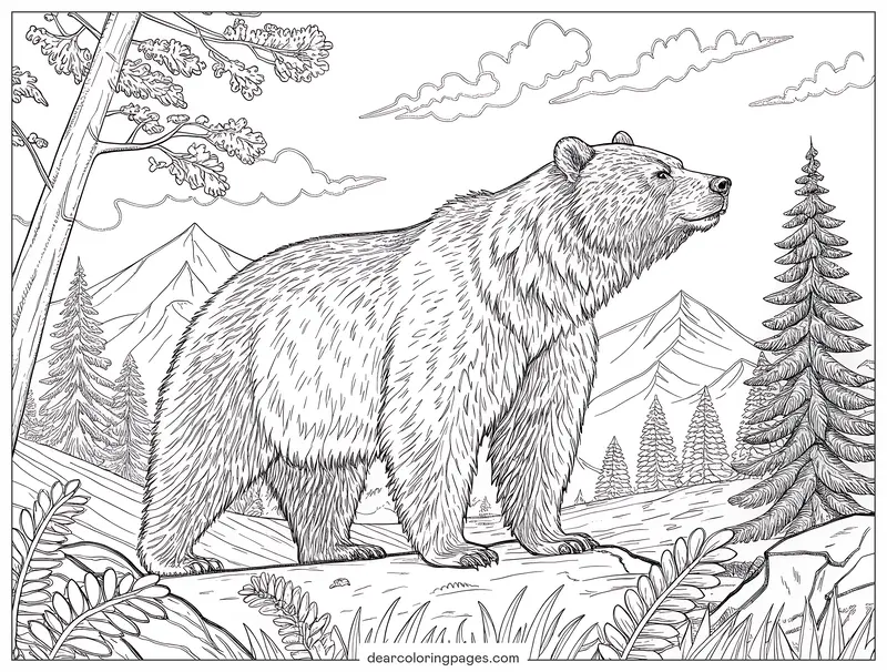 Oso Dibujo para Colorear - Dibujo para Colorear de un Majestuoso Oso Grizzly en la Naturaleza Montañosa
