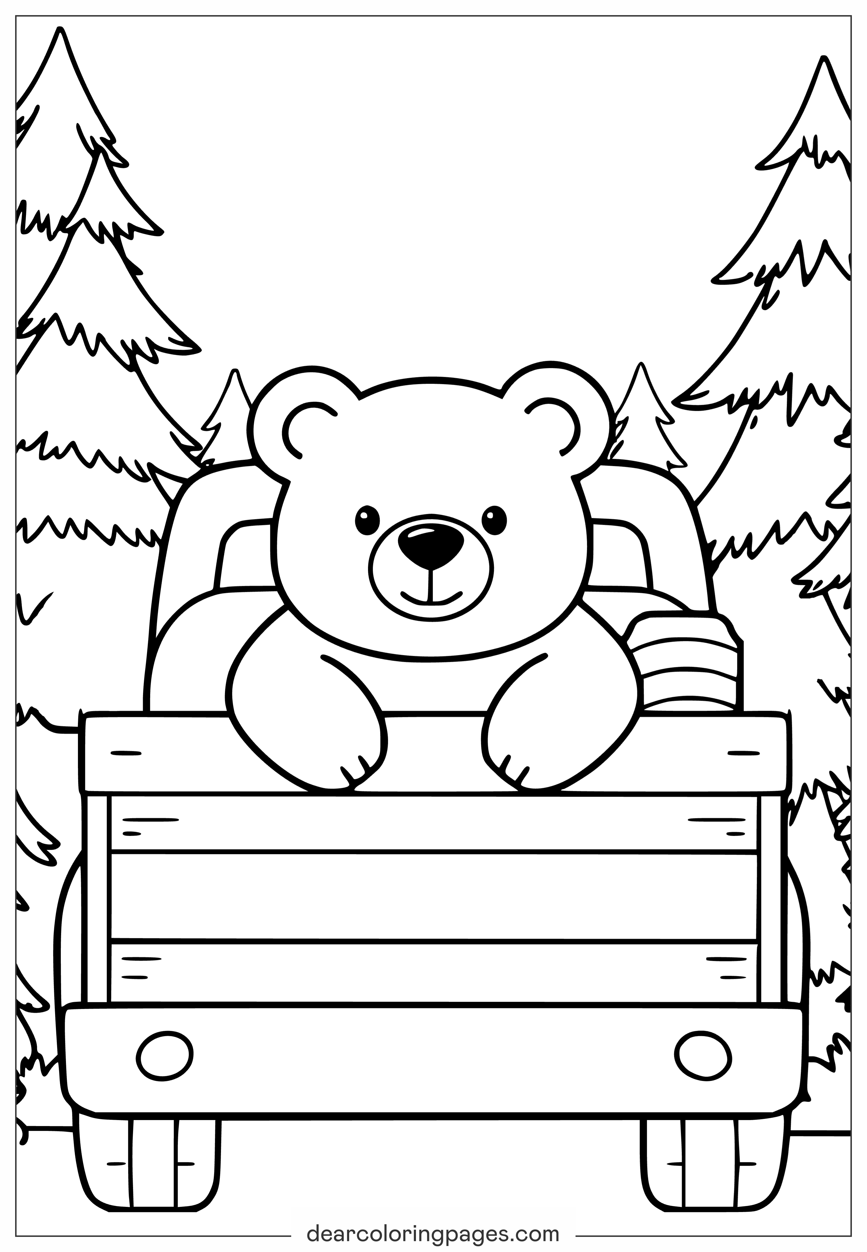 Coloring Page of a Cute Cozy Bear in a Truck