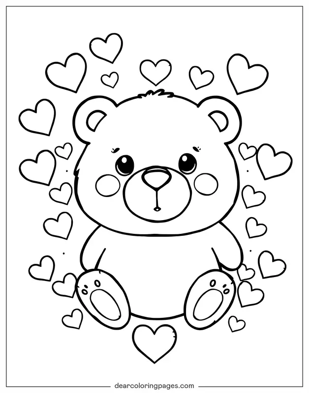 Ich liebe dich Ausmalbild - Bär umgeben von Herzen