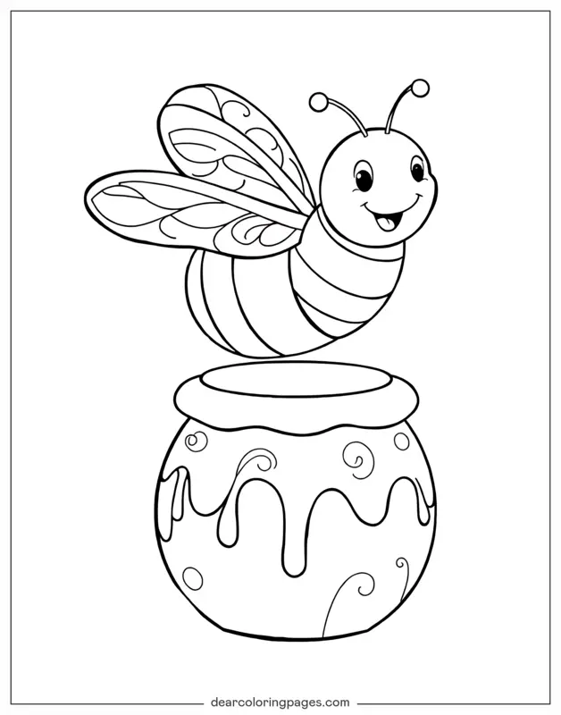 Cheerful Bee Hovering above a Honey Pot