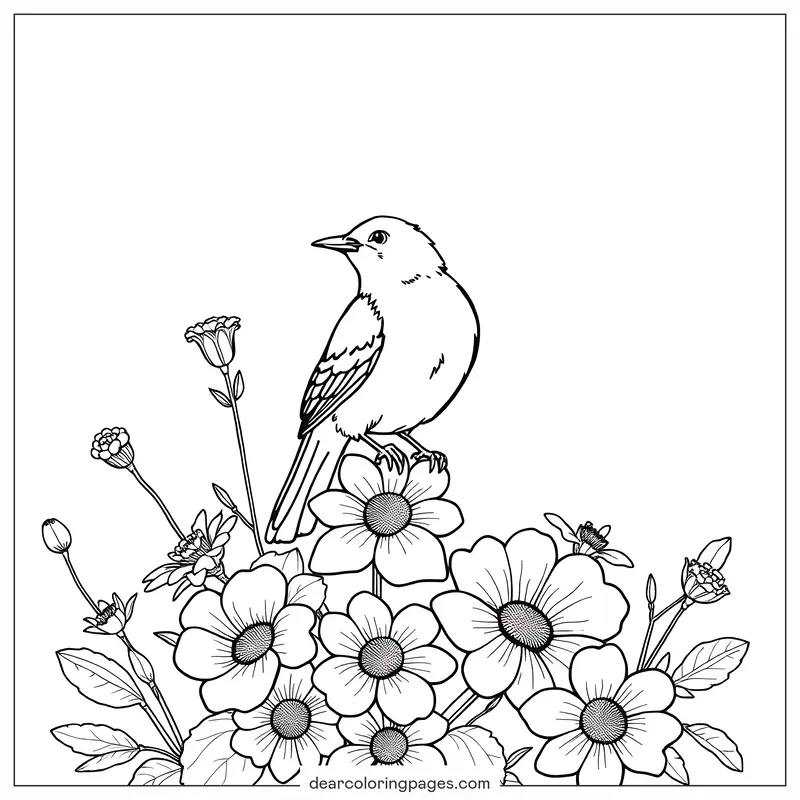 Bird Coloring Page - Bird and Flowers Coloring Page
