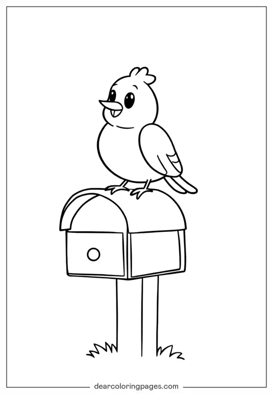 Bird Coloring Page - Cute Bird Perching on Mailbox