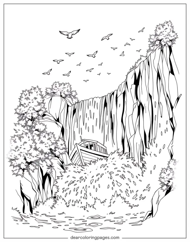 Coloriage de Bateau – Bateau dans une chute d'eau