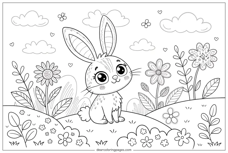 Bunny Coloring Page - Coloring Page of Cartoonish Bunny in a Field