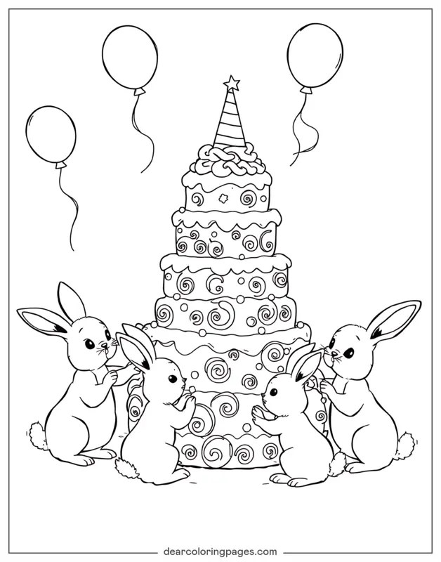 Cake Coloring Page - Bunny Family Gathering around Towering Cake