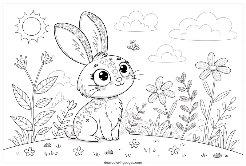 Bunny Coloring Page - Coloring Page of Cartoonish Bunny in a Field