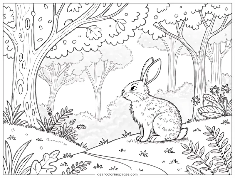 Bunny Coloring Page - Bunny in the Woods Coloring Page