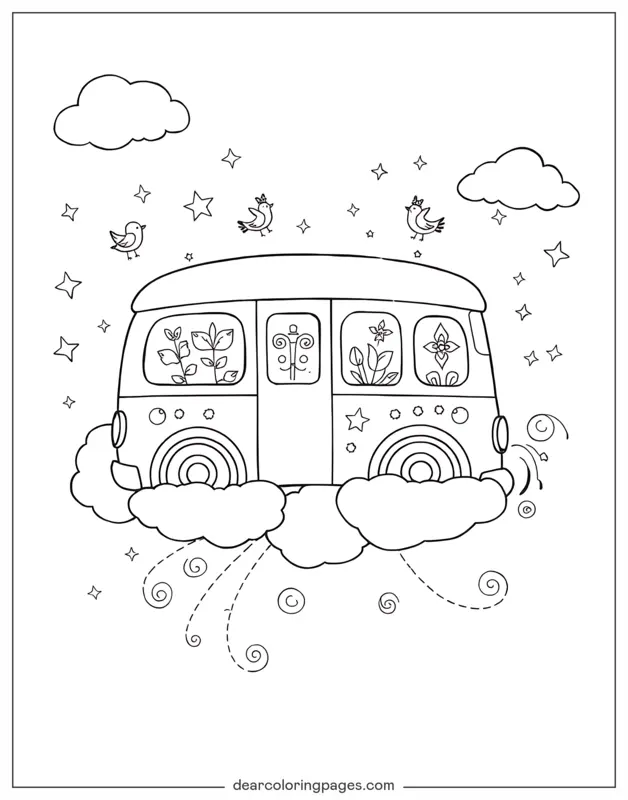 Bus Coloring Page - Whimsical Bus Floating among Clouds