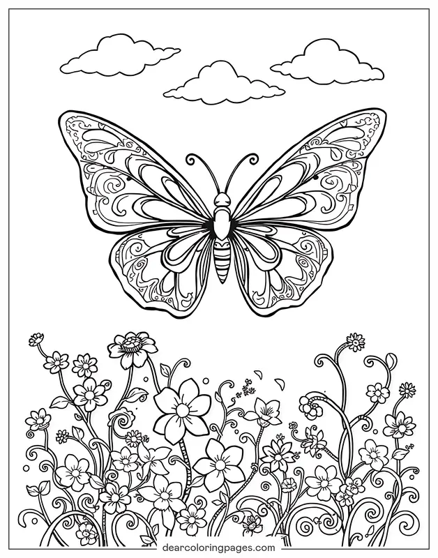 Patrón Dibujo para Colorear - Jardín de Mariposas Ornadas