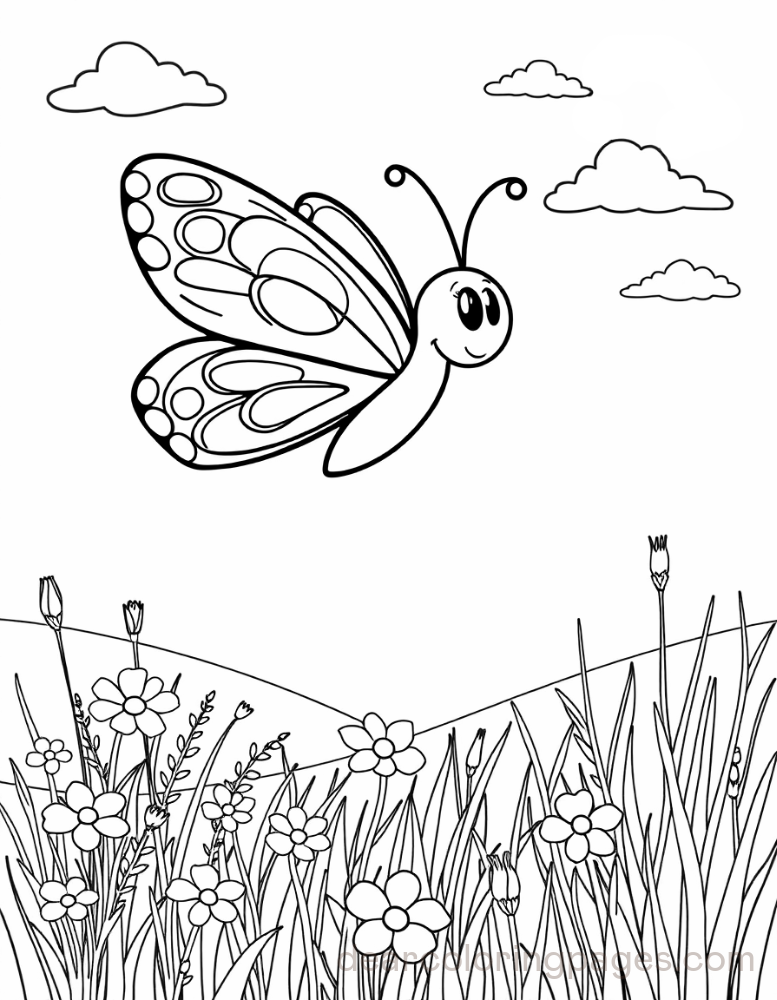 Cartoon Butterfly above Meadow