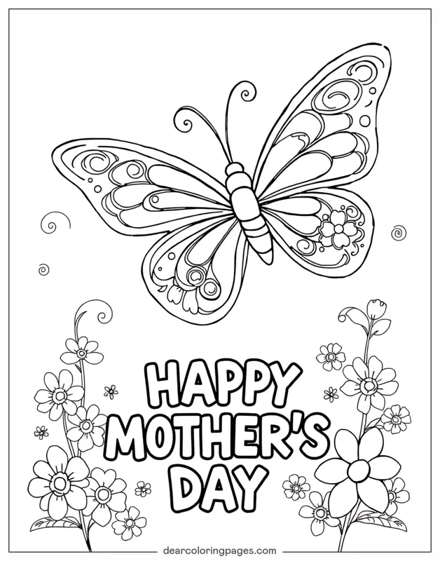 Coloriage de Fête des Mères – Papillon JOYEUSE FÊTE DES MÈRES
