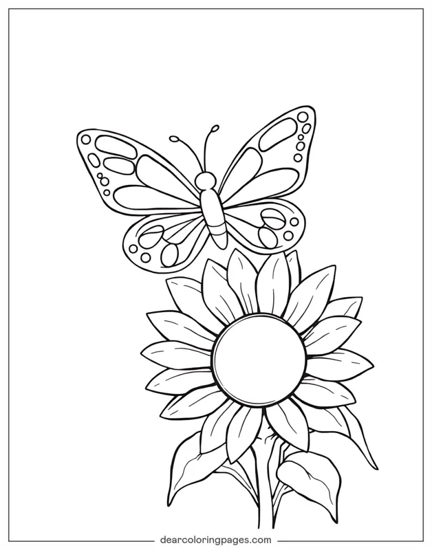 Sonnenblume Ausmalbild - Schmetterling schwebend auf Sonnenblume