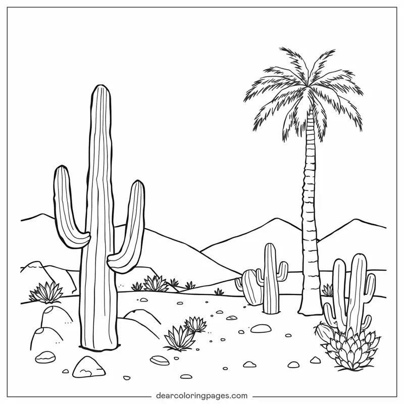 Kaktus Ausmalbild - Kaktus und Palme in der Wüste