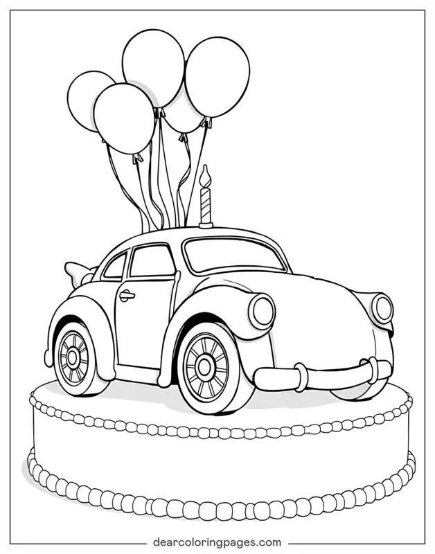 Cake Coloring Page - Car Birthday Cake