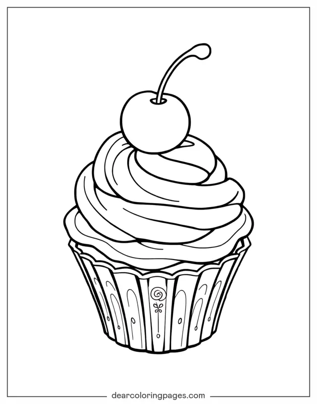 Cake Coloring Page - Cupcake With Cherry