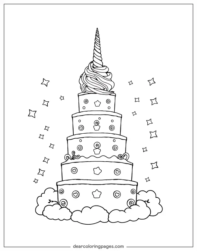 Cake Coloring Page - Cake With a Sparkling Horn