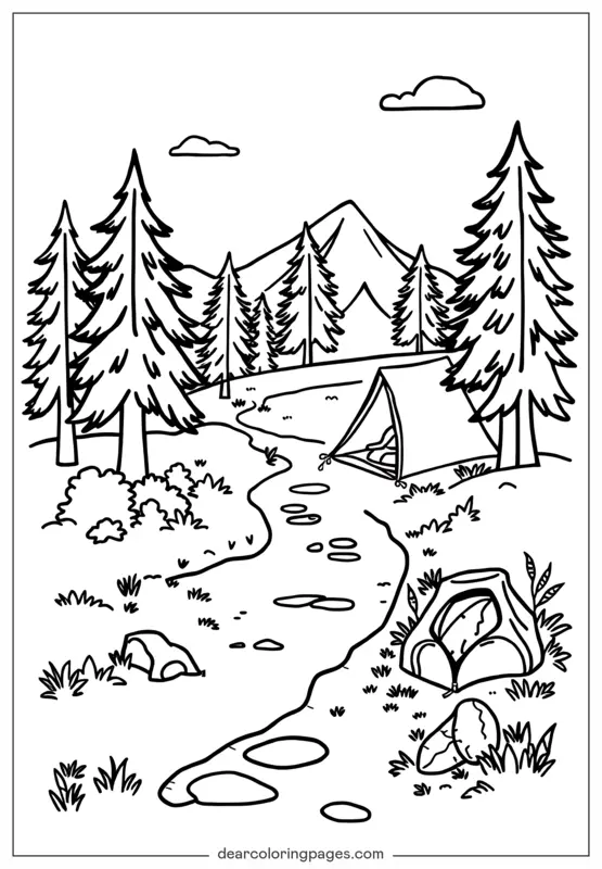 Camping Ausmalbild - Camping im Wald
