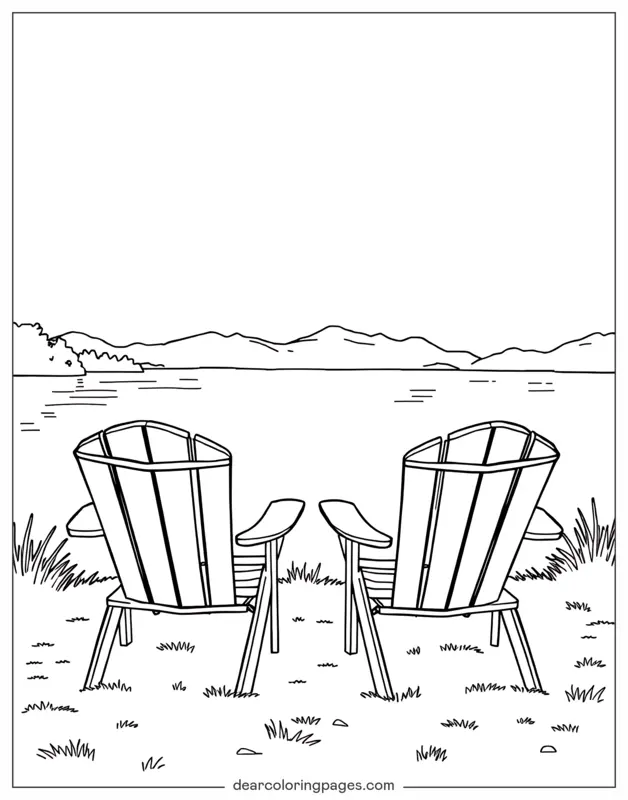 Camping Ausmalbild - Campingstühle am See